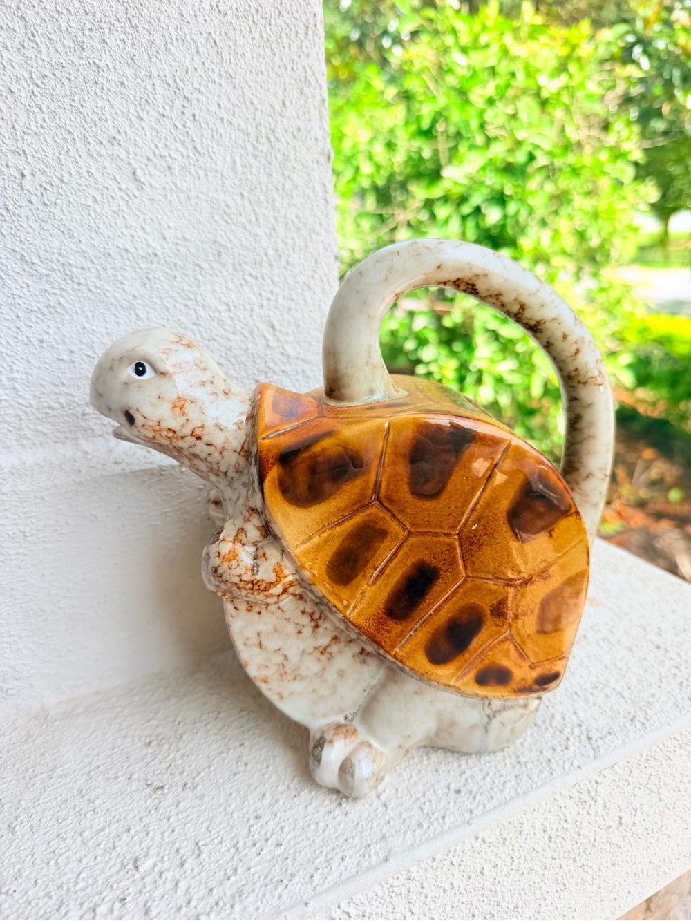 Vintage Tii Collections Ceramic Turtle Pitcher, glossy brownbeige speckled glaze